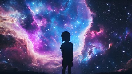 Fototapeta premium A silhouette of a child standing under a vibrant cosmic sky filled with stars and colorful nebula, symbolizing wonder and imagination.