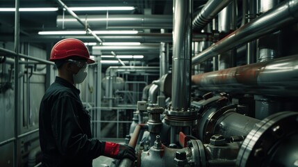 Fototapeta premium A factory worker in a hard hat and mask inspects large machinery in an industrial facility, surrounded by complex pipes and valves.