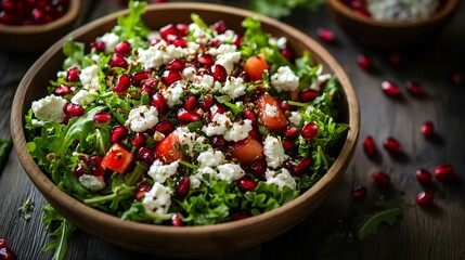 Gourmet pomegranate and goat cheese salad with a dark wood background