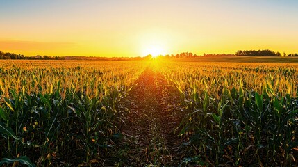 An autumn sunset casting a golden glow over cornfields, with a clear sky above, creating an inviting backdrop for seasonal promotions or event advertisements.