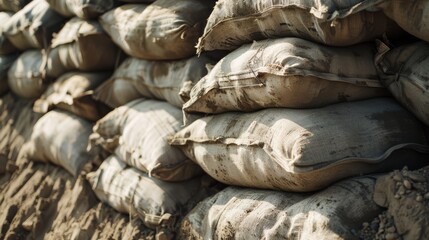 Several sandbags stacked in layers, suggesting protection against natural elements or for construction purposes.