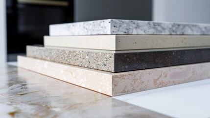Layers of marble and stone slabs stacked in an elegant display, highlighting the texture and color variation of different materials.