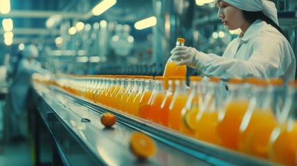 A worker handling Orange Juice bottles on a conveyor belt in a factory, emphasizing meticulousness and production efficiency.