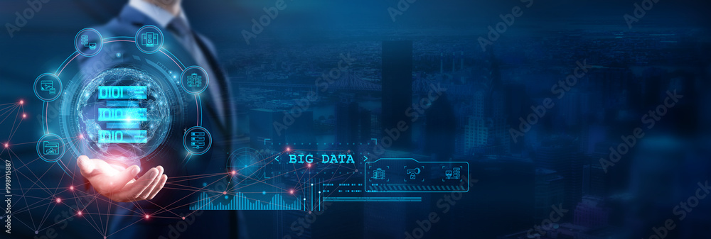 Aufkleber businessman hold of global structure utilizes network technology to analyze big data from various so