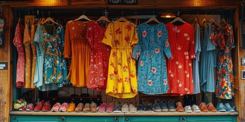 Fototapeta premium A vibrant display of assorted vintage dresses and shoes in various colors and patterns, hanging in an open wooden closet or armoire in a cozy retail setting