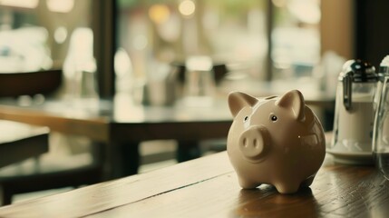 A quaint ceramic piggy bank sits atop a wooden table in a softly lit cafe, evoking fondness and simplicity.