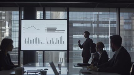 A business presentation is in progress, with a silhouetted presenter discussing graphs and charts projected on a screen in a modern conference room.