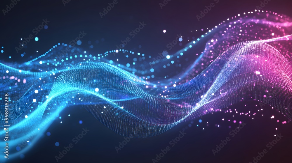 Poster abstract digital waves with flowing lines of blue and pink, filled with light particles and dots, re