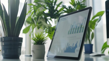 A workspace with a computer displaying data graphs surrounded by lush green plants, creating a zen and productive environment.