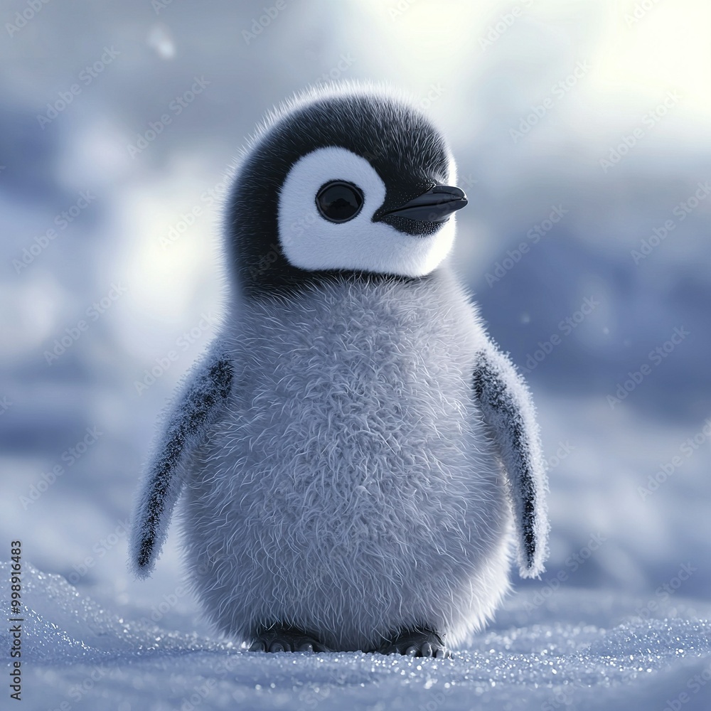 Poster   Close-up photo of a tiny penguin standing amidst snow on a frozen landscape, featuring snowflakes falling onto its face