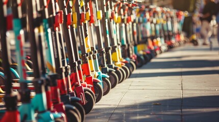 Fototapeta premium A row of colorful electric scooters lined up neatly on a sunny sidewalk, ready for an eco-friendly and modern urban commute.