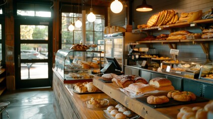 A cozy bakery with warm lighting and an array of freshly baked bread and pastries displayed invitingly on wooden shelves and counters.