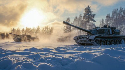Fototapeta premium Heavy artillery vehicles stationed in a snowy battlefield, poised for long-range strikes, surrounded by a stark, wintry landscape