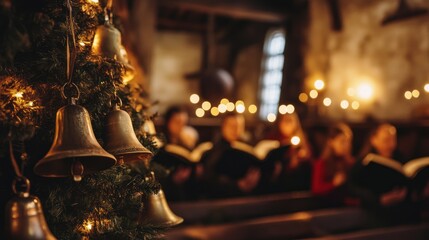 Christmas Bells Hanging on a Tree with Blurry People Singing in the Background
