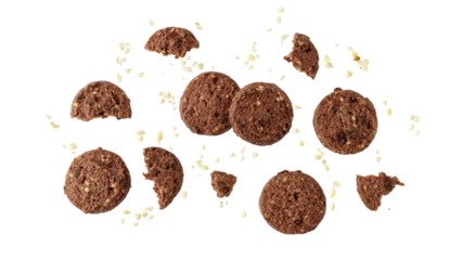 Fresh baked dark chocolate whole and broken slices of cookies infused crushed nuts or seeds flying isolated on white background.