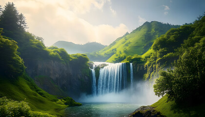 beautiful green mountain landscape waterfall generative ai