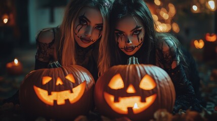 Halloween Celebrations with Witches and Pumpkins in an Autumn Forest Setting