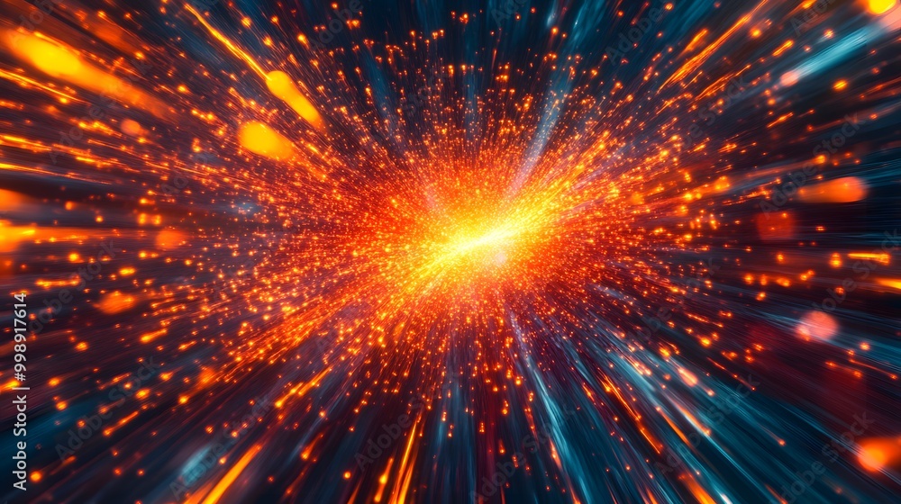 Poster a vibrant explosion of glowing sparks radiating in space, creating a dynamic and energetic visual wi