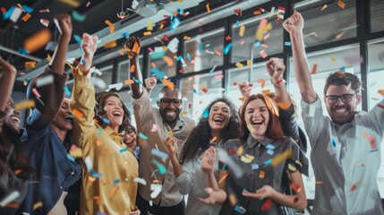 Obraz premium A joyful group of colleagues celebrating with confetti, radiating excitement and togetherness in a vibrant setting.