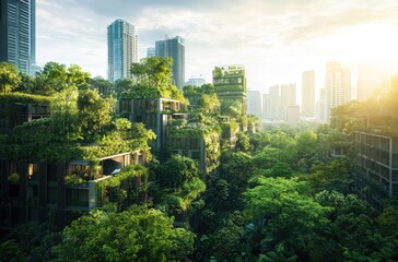 Green urban landscape with skyscrapers and lush vegetation.