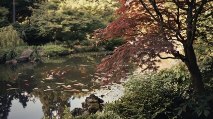 A peaceful garden pond teeming with colorful koi fish under the gentle shade of trees, creating a tranquil and picturesque scene.