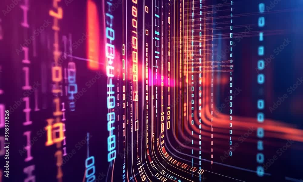 Poster exploring the vibrant world of data streams and binary code in a digital landscape