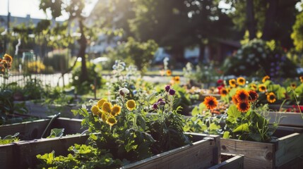 A sunlit community garden brimming with bright flowers and lush greens in wooden planters, epitomizing urban nature and tranquility.