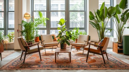 A bright and airy room adorned with lush plants, modern furniture, and large windows bringing in natural light, creating a refreshing and relaxing space.