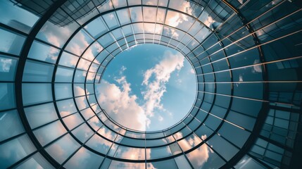 An upward view of a circular glass building against a bright, blue sky with fluffy clouds. The modern architecture creates a sense of openness and innovation.