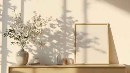 Fototapeta premium A minimalist decor arrangement featuring a ceramic vase with delicate flowers and an empty picture frame casting soft shadows on the wall..