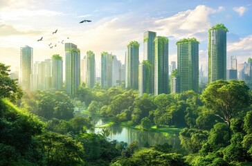 Fototapeta premium A modern city with green rooftops and lush parks, showcasing a sustainable and eco-friendly urban design.