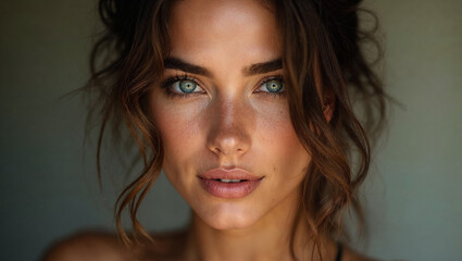 Obraz premium Naturally beautiful woman with no make up, smiling beauty woman with freckles