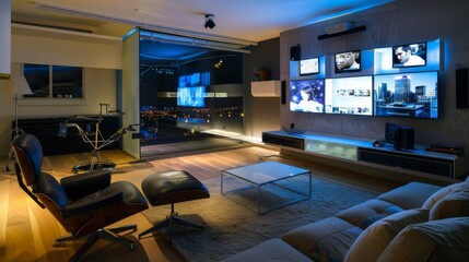 A luxury living room with modern furnishings, large screen displays, and expansive glass walls showcasing a stunning cityscape at night.