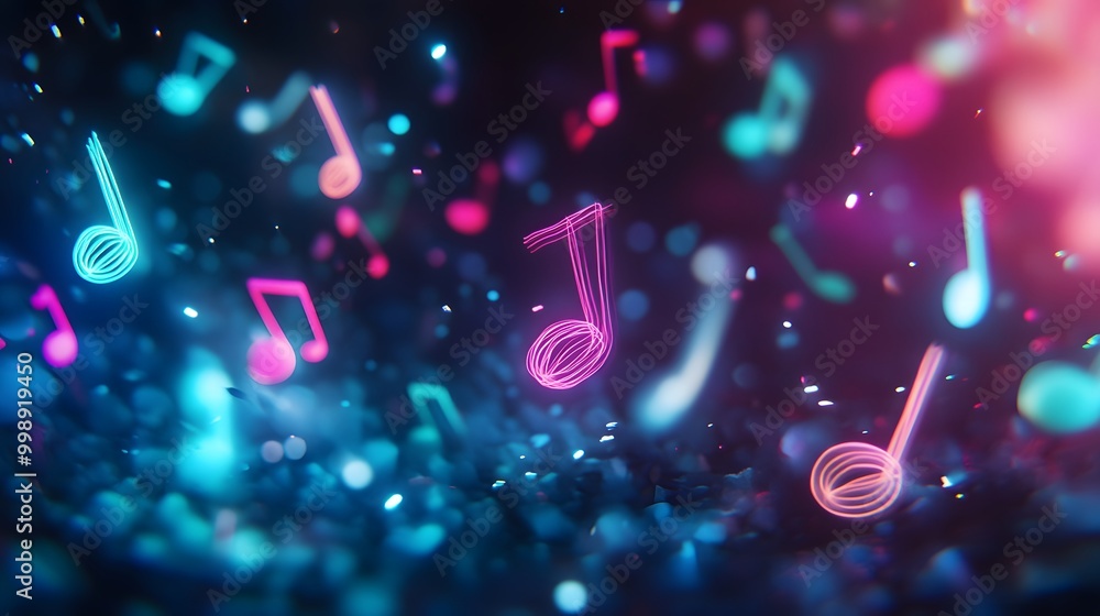 Poster vibrant neon music notes float in space, surrounded by abstract glowing particles, creating an artis