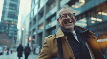 A cheerful man in a coat is smiling brilliantly as he walks through a bustling urban street. The background captures the city's vibrant, dynamic vibe.