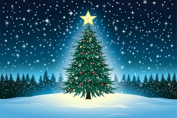 Obraz premium Whimsical Christmas tree illustration with colorful lights in a snowy forest, symbolizing holiday magic, fun, and the beauty of winter celebrations
