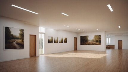 Fototapeta premium A massive community centre with various activity rooms and open spaces 3d illustration interior design.