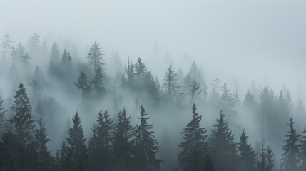 Fog blankets a dense forest of evergreens, shrouding the scene in mist and creating a serene, almost otherworldly ambiance.