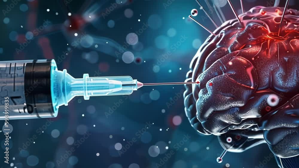 Poster syringe injecting substance into human brain, symbolizing neural enhancement and scientific progress