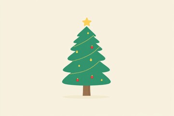 Fototapeta premium Simple Christmas tree illustration with ornaments and a star on a beige background, symbolizing holiday playfulness, simplicity, and the charm of festive traditions