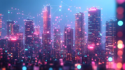 Fototapeta premium A futuristic city skyline illuminated by glowing pink and blue network connections, showcasing digital communication and technology systems.