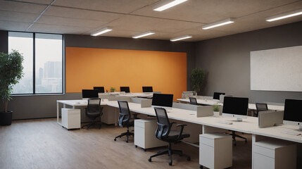 A co-working space with communal desks 3d illustration interior design.