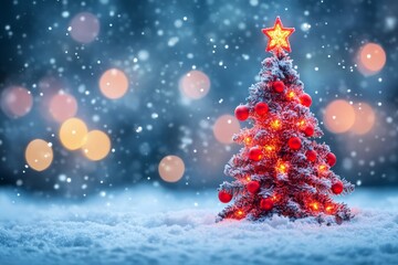 Red Christmas tree with golden lights in a snow-covered landscape, symbolizing festive creativity, holiday joy, and the beauty of Christmas in winter