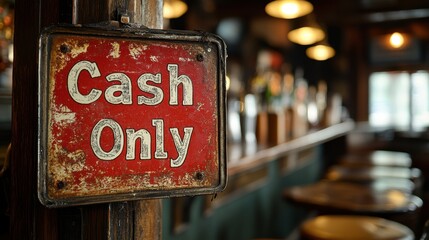 A well-worn, rustic Cash Only sign prominently displayed in an atmospheric, dimly lit bar setting, evoking a nostalgic, old-fashioned ambiance