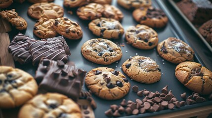 Freshly baked cookies and brownies on baking sheets and in trays, showcasing an inviting and delicious assortment of homemade treats.