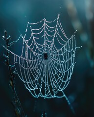 Dewy spider web on meadow with dark background close up