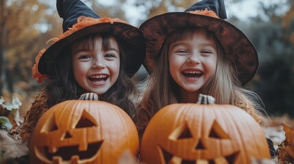 Fototapeta premium Halloween Celebrations with Witches and Pumpkins in an Autumn Forest Setting