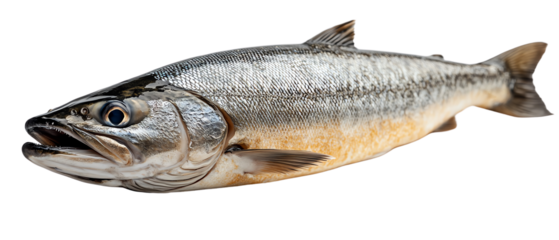 A fresh silver fish displayed on a white background, showcasing its shimmering scales and distinctive features.