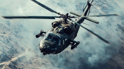 Naklejka premium A military helicopter gunship flying low over rugged terrain, showcasing its heavy armament, prepared for combat action