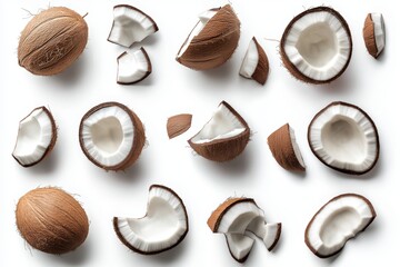 Isolated collection of coconuts, halves, and slices on a white background for photography